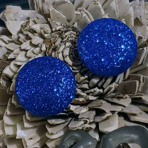 Retro 80s Club Glam Disco Sparkly Cobalt Blue Fabric Button Earrings - Picture 4 of 10